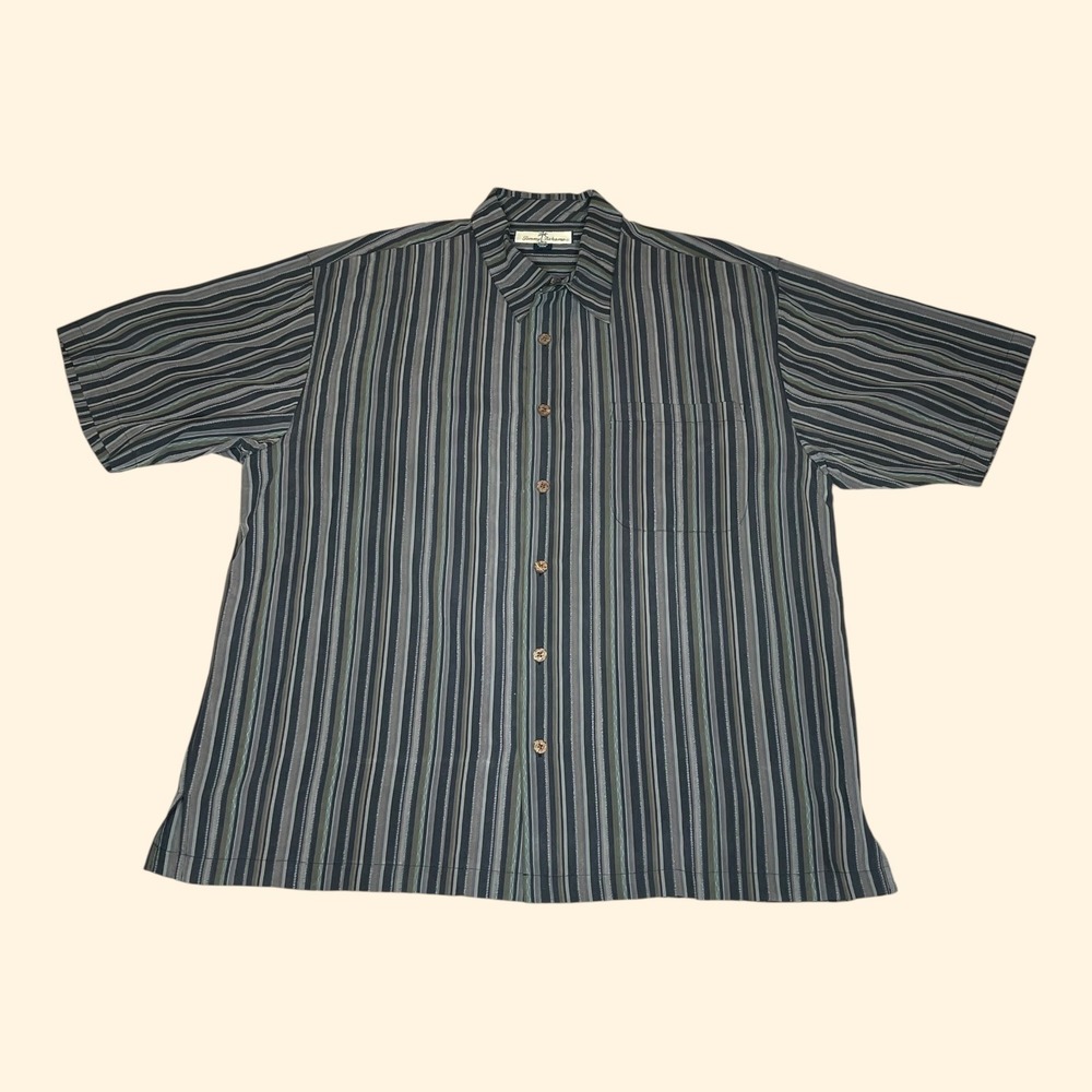Tommy‎ Bahama Mens Large 100% Silk Striped Beach Hawaiian Camp Shirt Charcoal
